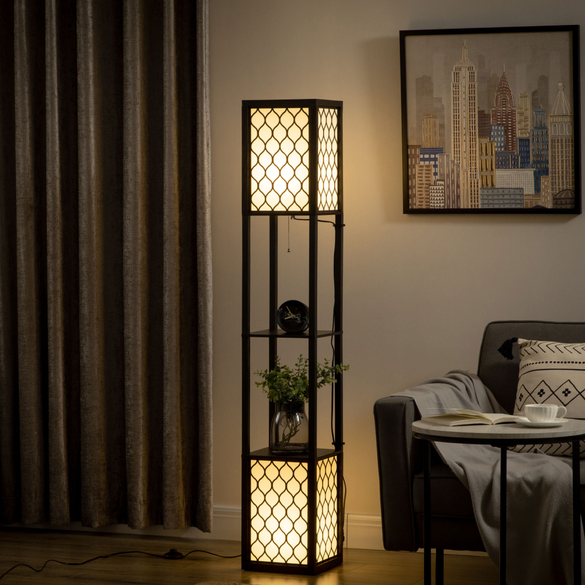 Modern 2-Light Floor Lamp with Display Shelves – Living Room & Bedroom Lighting and Storage
