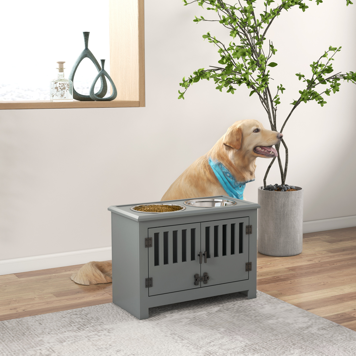 PawHut Raised Dog Bowls with Storage Stand, 2 x 2000ml Steel Bowls – Feeding Station for Large Dogs, Grey