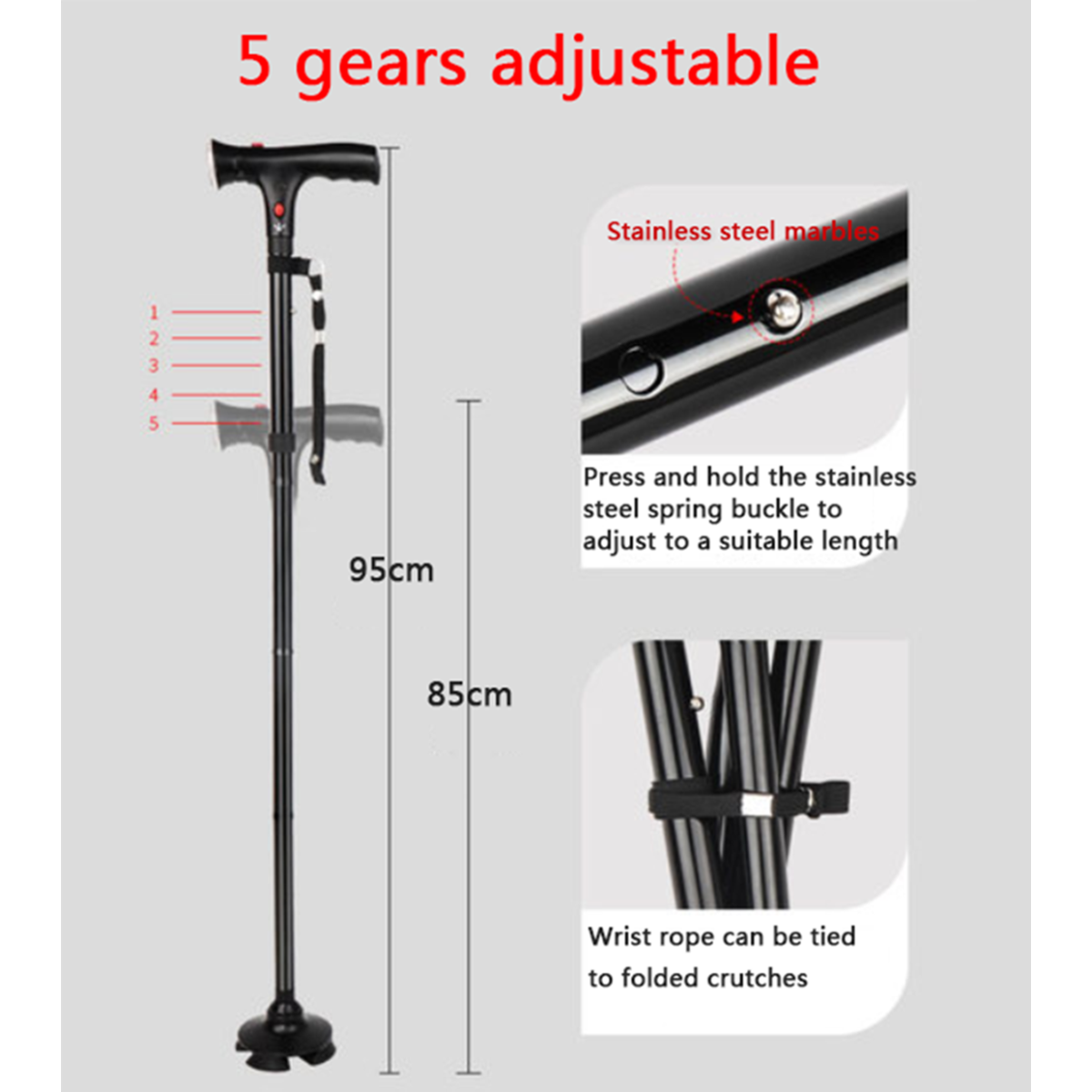Folding Walking Stick with LED Light & Alarm, 5-Level Adjustable Height – Camping & Hiking Cane with 4-Foot Base