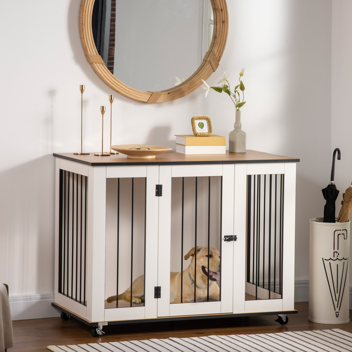 PawHut Dog Crate Furniture End Table with Lockable Door and Roller Castors – For Large Dogs, White