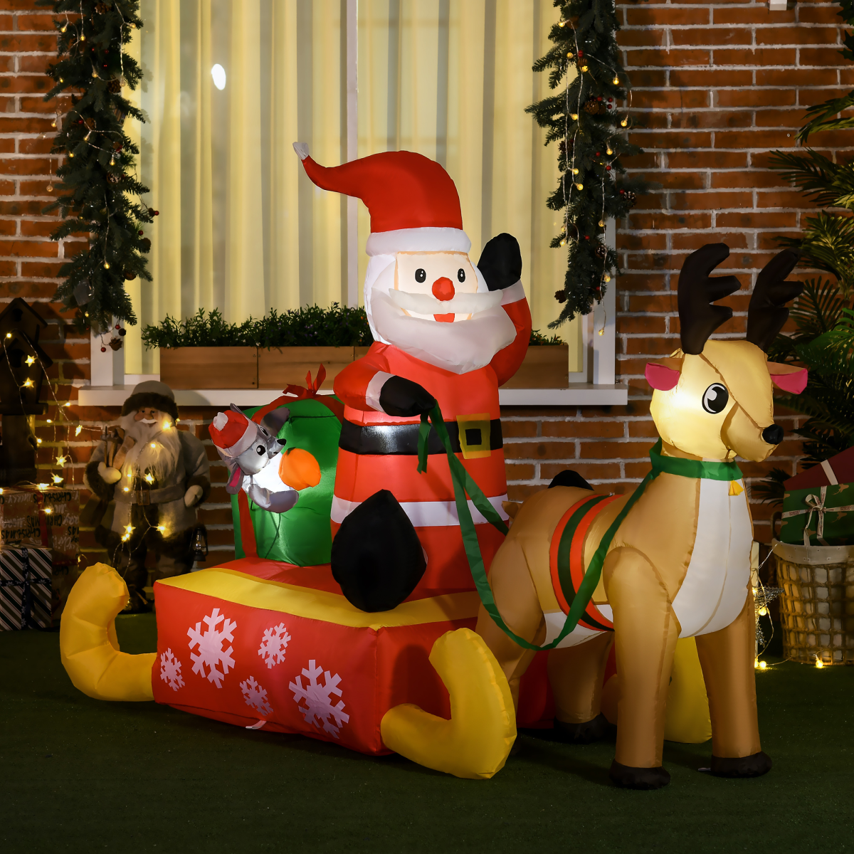 HOMCOM 4ft Christmas Inflatable Santa Claus on Sleigh with Reindeer and LED Lights – Outdoor Garden Decor