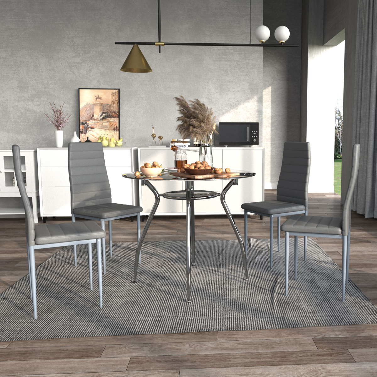 HOMCOM Round Glass Dining Table Set with 4 Cushioned Chairs – Metal Frame Kitchen Dining Set
