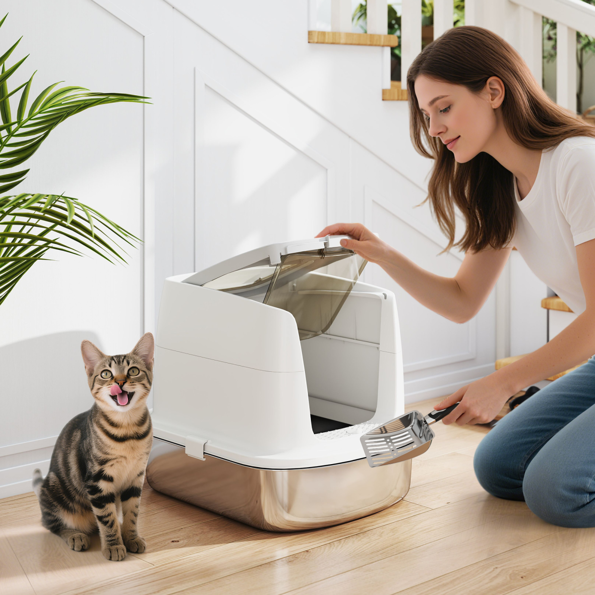 PawHut Enclosed Stainless Steel Cat Litter Box with Scoop, Front Entry & Top Exit – Scratch-Proof Litter Tray for Cats up to 5kg, White