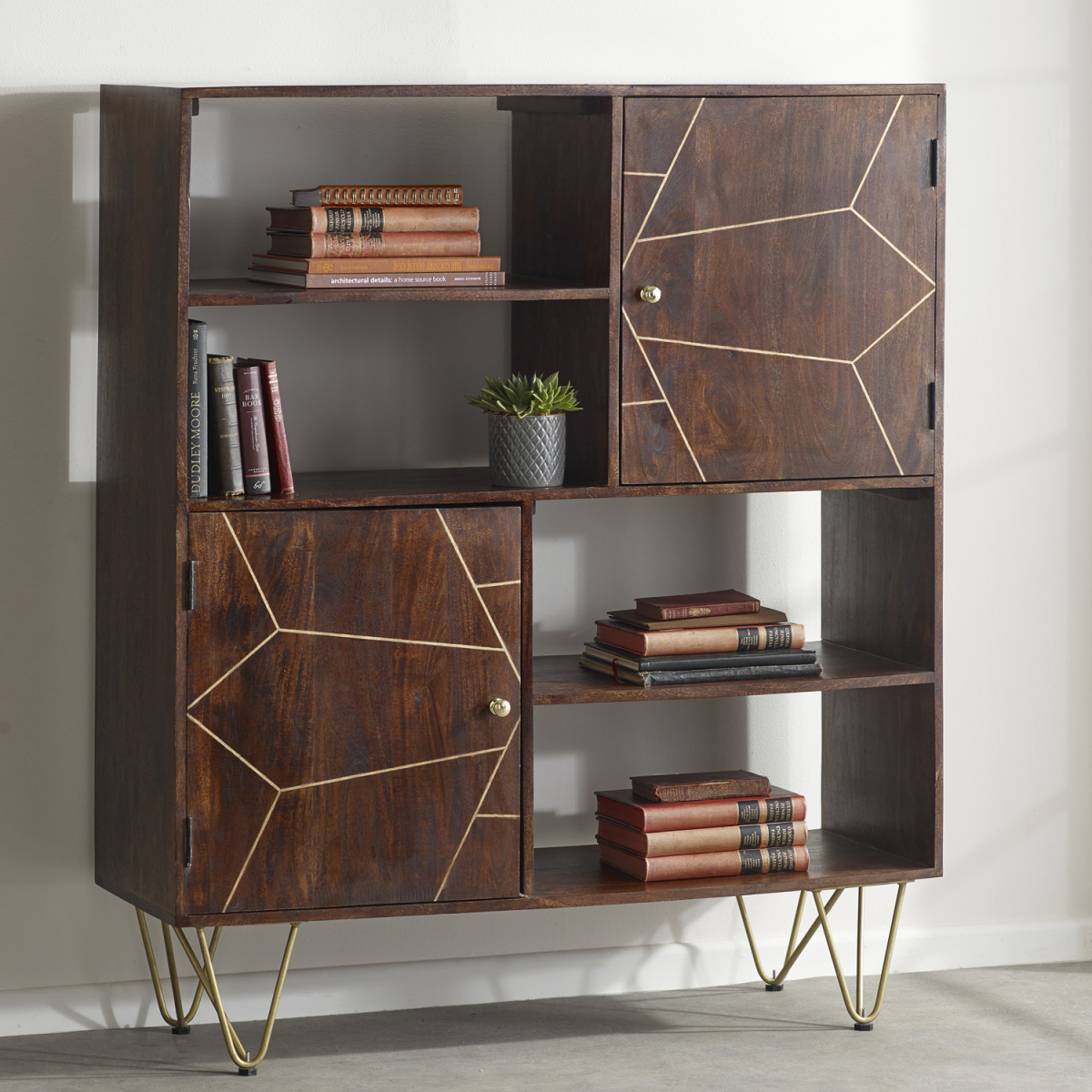 Indian Hub Solid Wood Display Cabinet with Dark Gold Metal Inlay – Contemporary Storage
