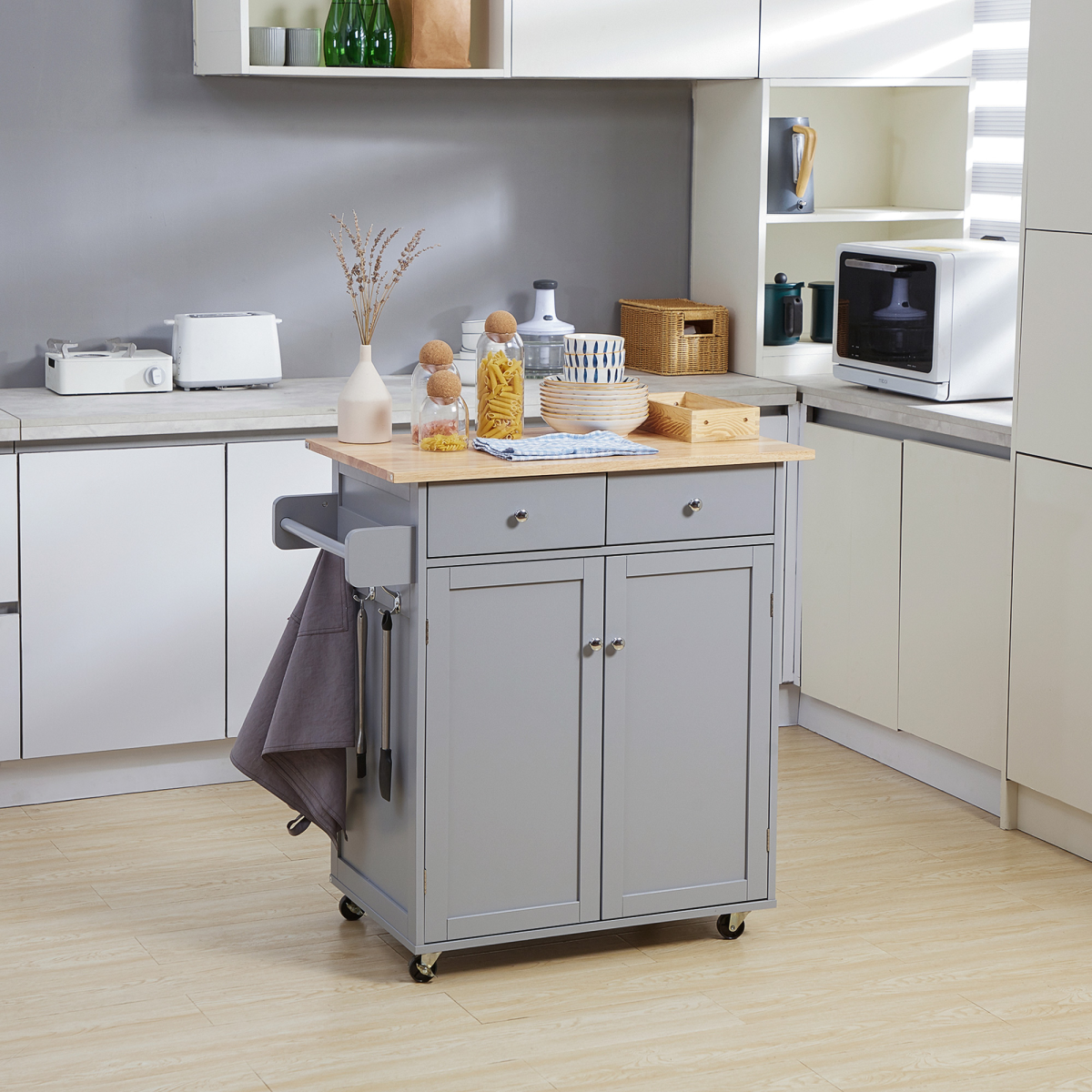 Rolling Kitchen Cart with Rubberwood Top, Towel Rack, Hooks, Drawers & Open Shelf – Grey