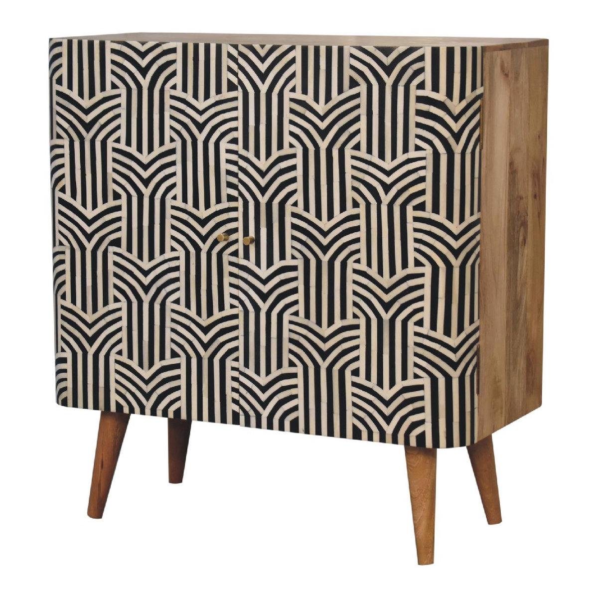 Artisan Furniture Solid Wood Edessa Bone Inlay Cabinet with 2 Shelves and Nordic Legs – Boho Style, Black & White