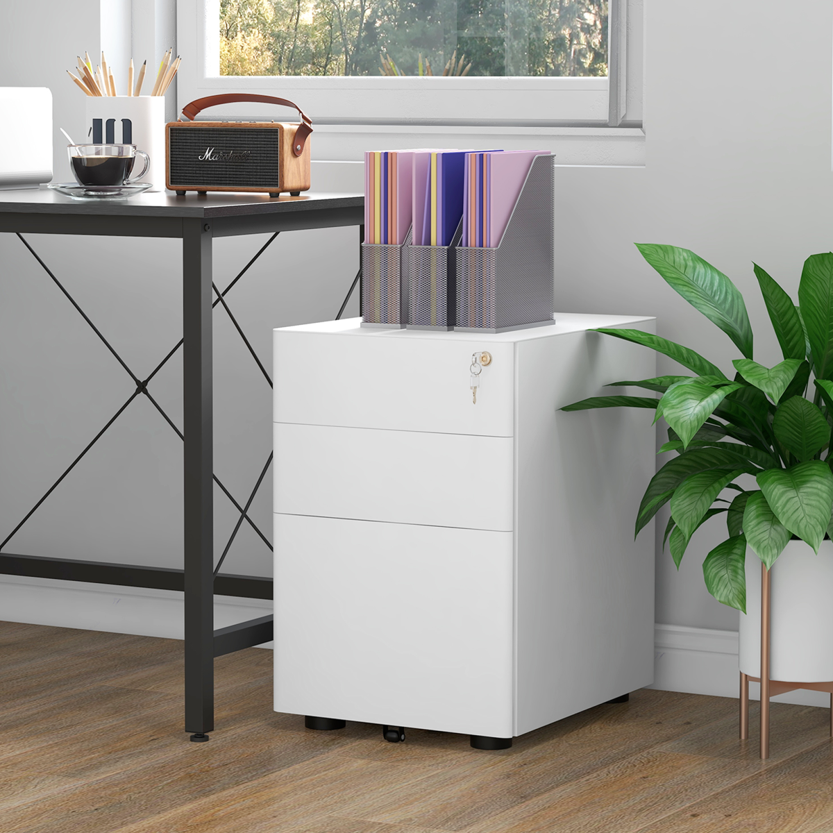3-Drawer Lockable Mobile Metal Filing Cabinet with Wheels – Under-Desk Office Storage, White