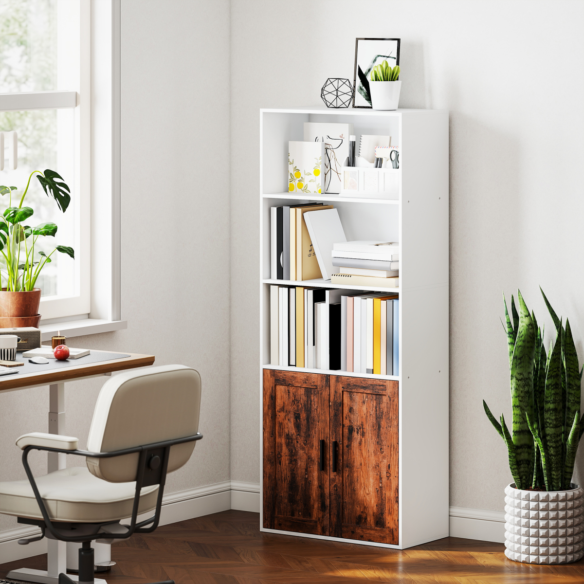 HOMCOM 5-Tier Bookcase with Double-Door Cupboard and Adjustable Shelf – Tall Storage Bookshelf, Rustic Brown