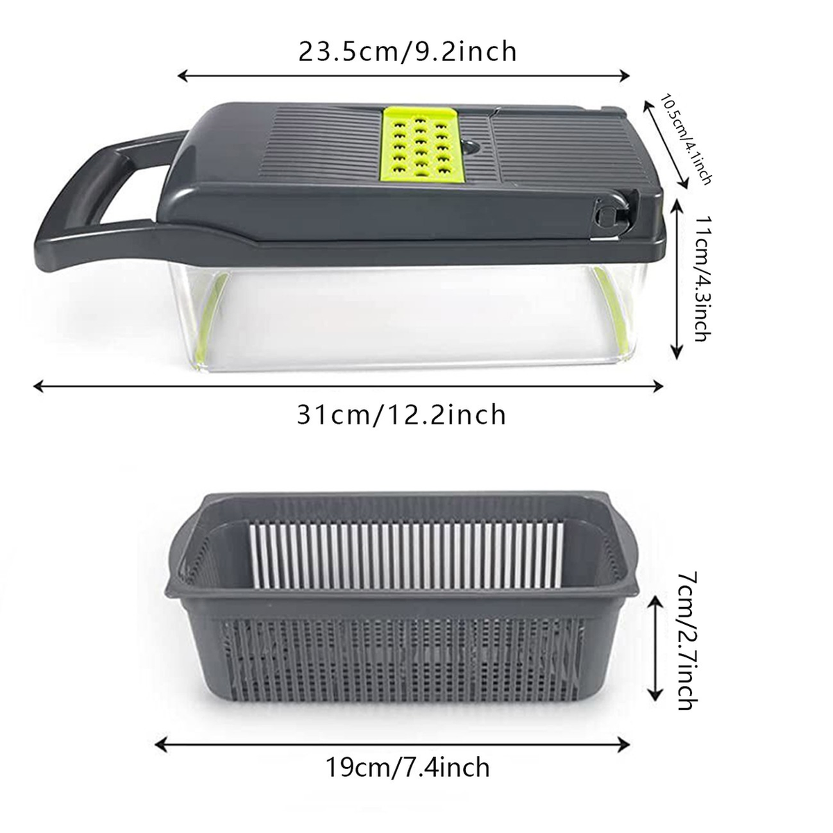 15-in-1 Vegetable Fruit Chopper with 1.5L Container & Drain Basket – Onion Dicer, Kitchen Slicer, Green & Grey