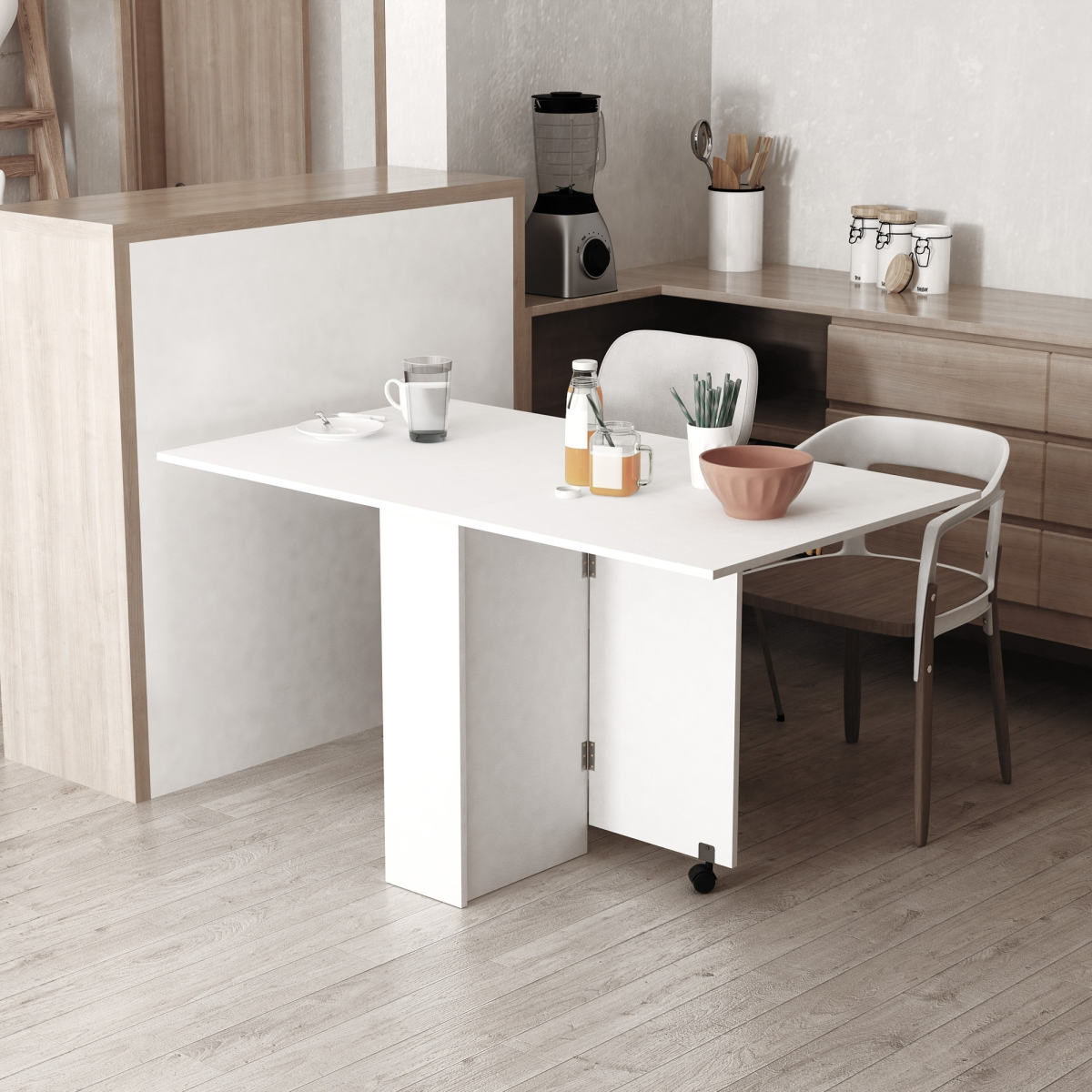 HOMCOM Mobile Drop Leaf Kitchen Table with Storage Shelves & Wheels – Space-Saving Dining Table, White