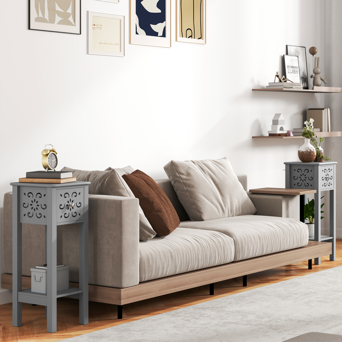HOMCOM Set of 2 Grey MDF Storage Units with Floral Cut-Out Design, Drawers & Anti-Tip Straps