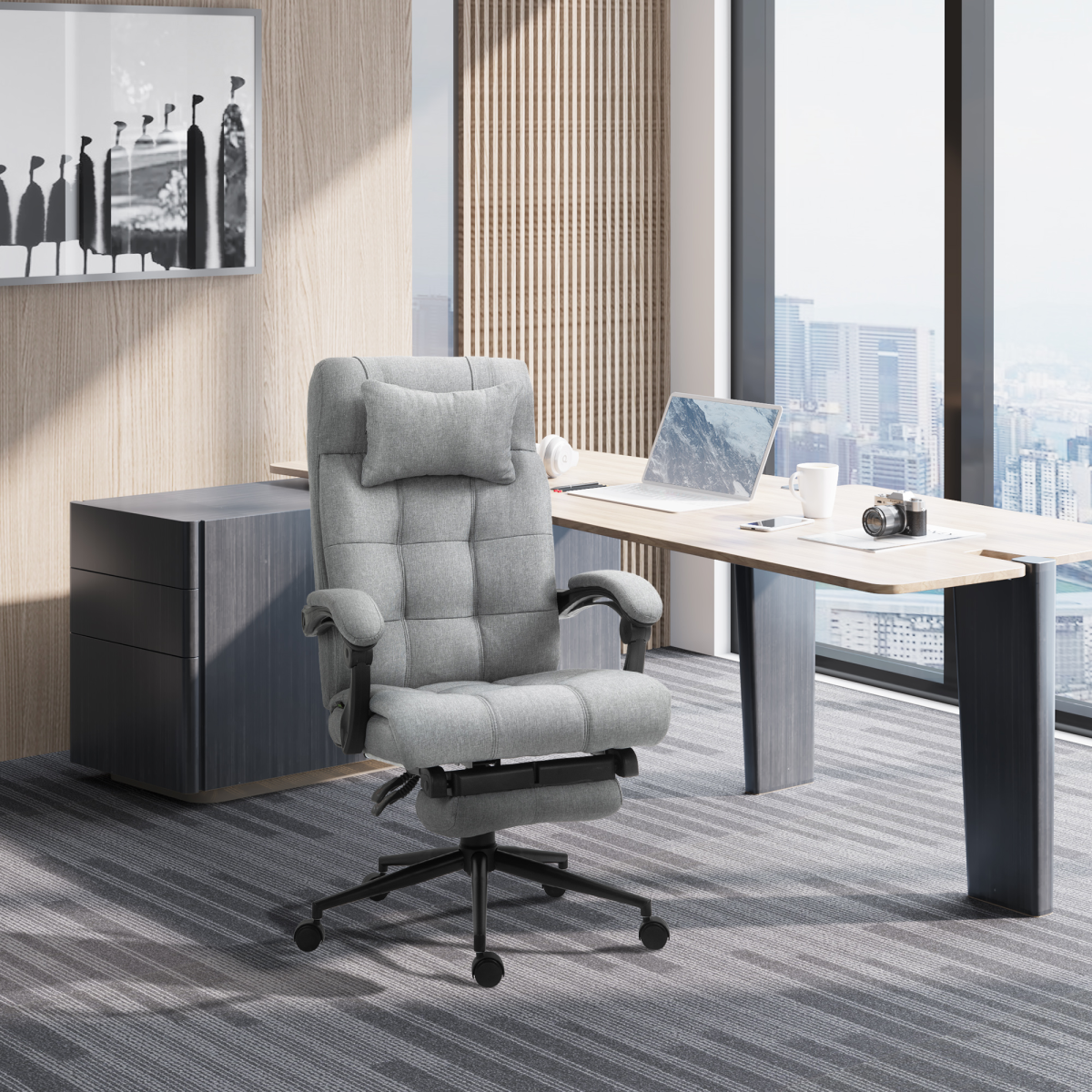 Reclining Office Chair with Footrest & Removable Pillow, 155° Recline – Home Office Chair, Light Grey
