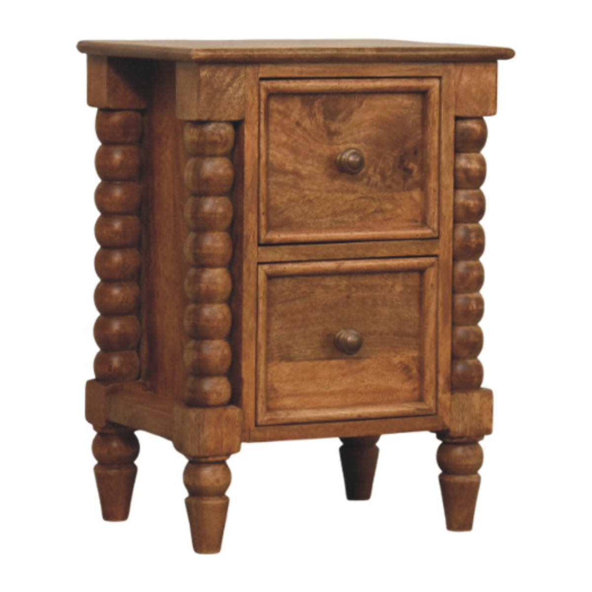 Artisan Furniture Solid Mango Wood Barley Twist Bedside Table, 2 Drawers – Classic Bedroom Storage, Amber Oak