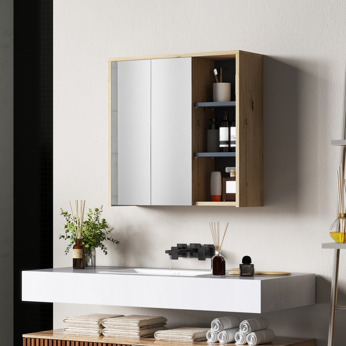 HOMCOM Wall-Mounted Bathroom Mirror Cabinet with Five Shelves and Two Mirrored Doors, Natural