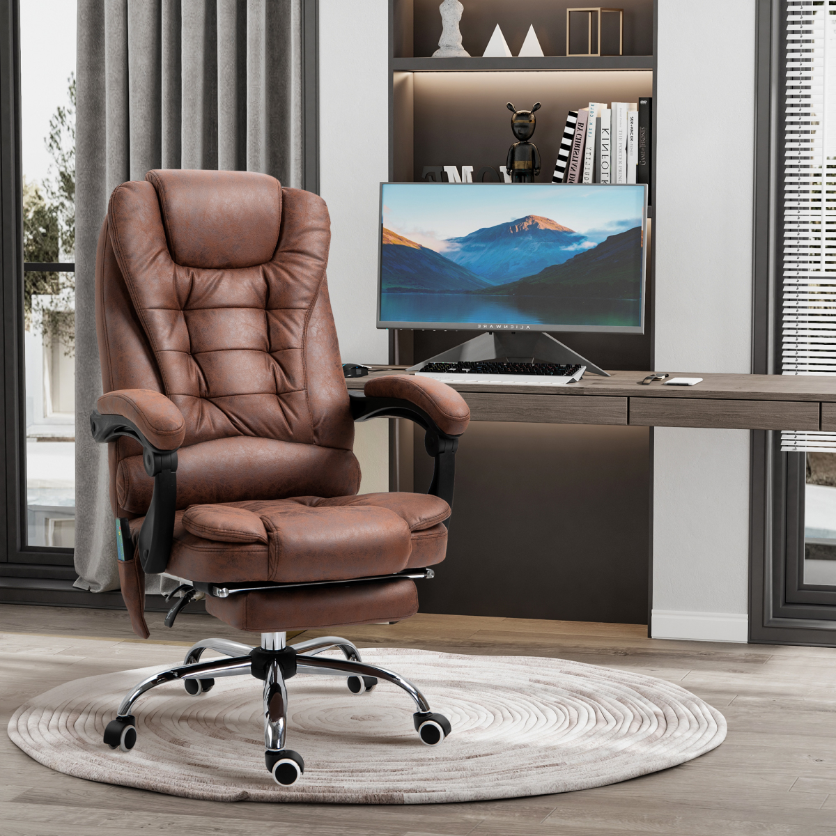 Vinsetto Heated Massage Office Chair with 6 Vibration Points & Footrest – Reclining Home Office Chair, Brown