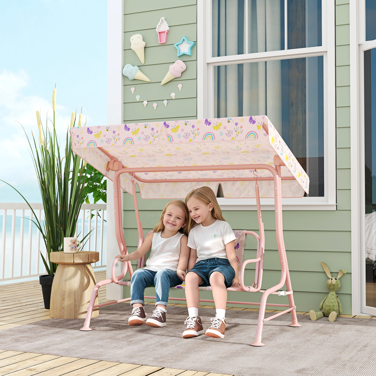 AIYAPLAY Kids Rainbow Canopy Swing Seat with Adjustable Sun Canopy & Safety Belts – Outdoor Garden Swing, Pink