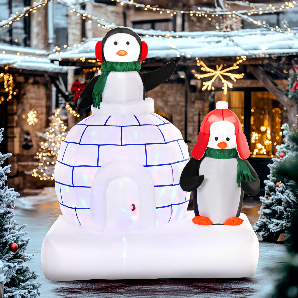 HOMCOM 5ft Christmas Inflatable Penguins in Scarves with Ice House – Indoor & Outdoor LED Decor