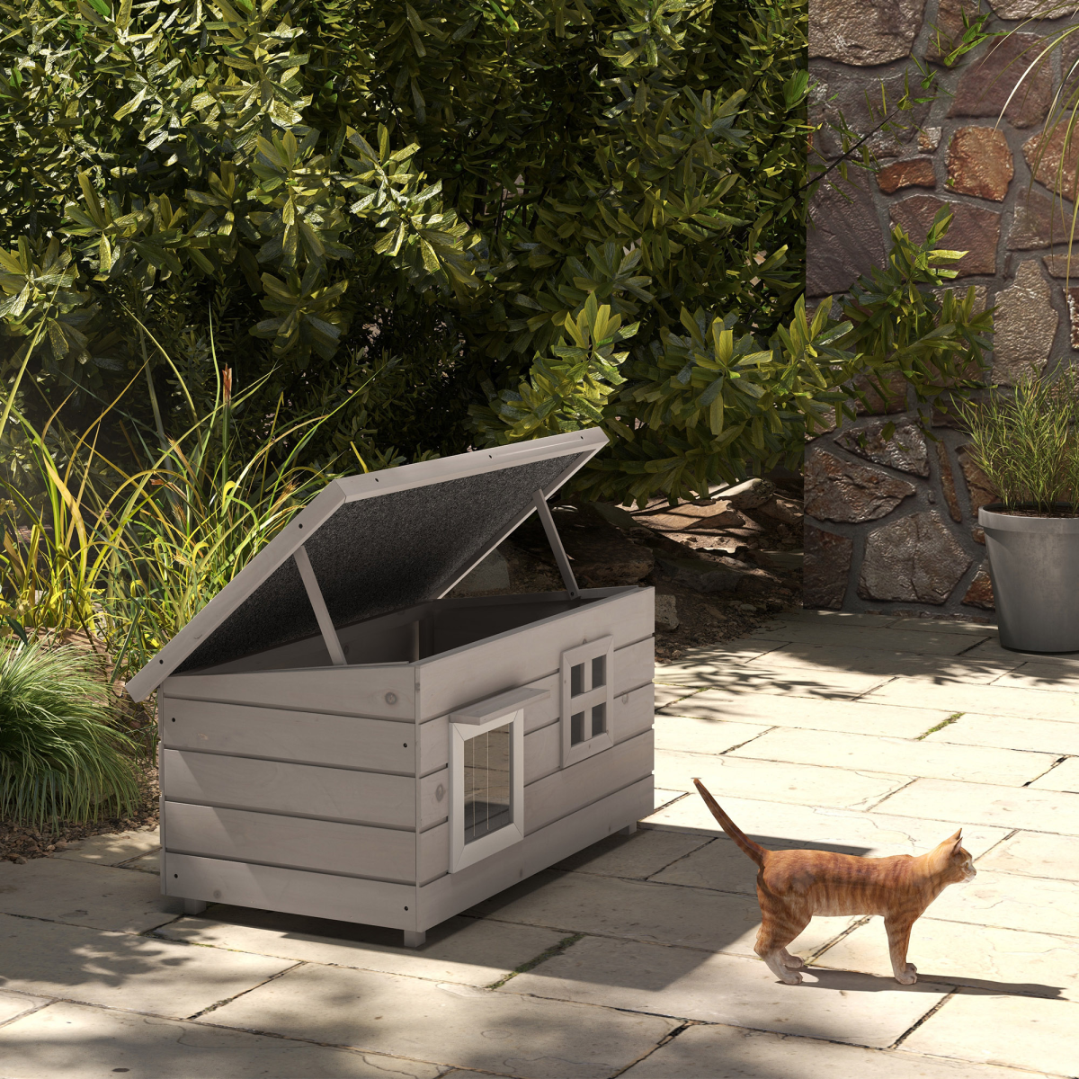 PawHut Wooden Cat House for Outdoors with Openable Asphalt Roof & Window – Elevated Shelter, Grey
