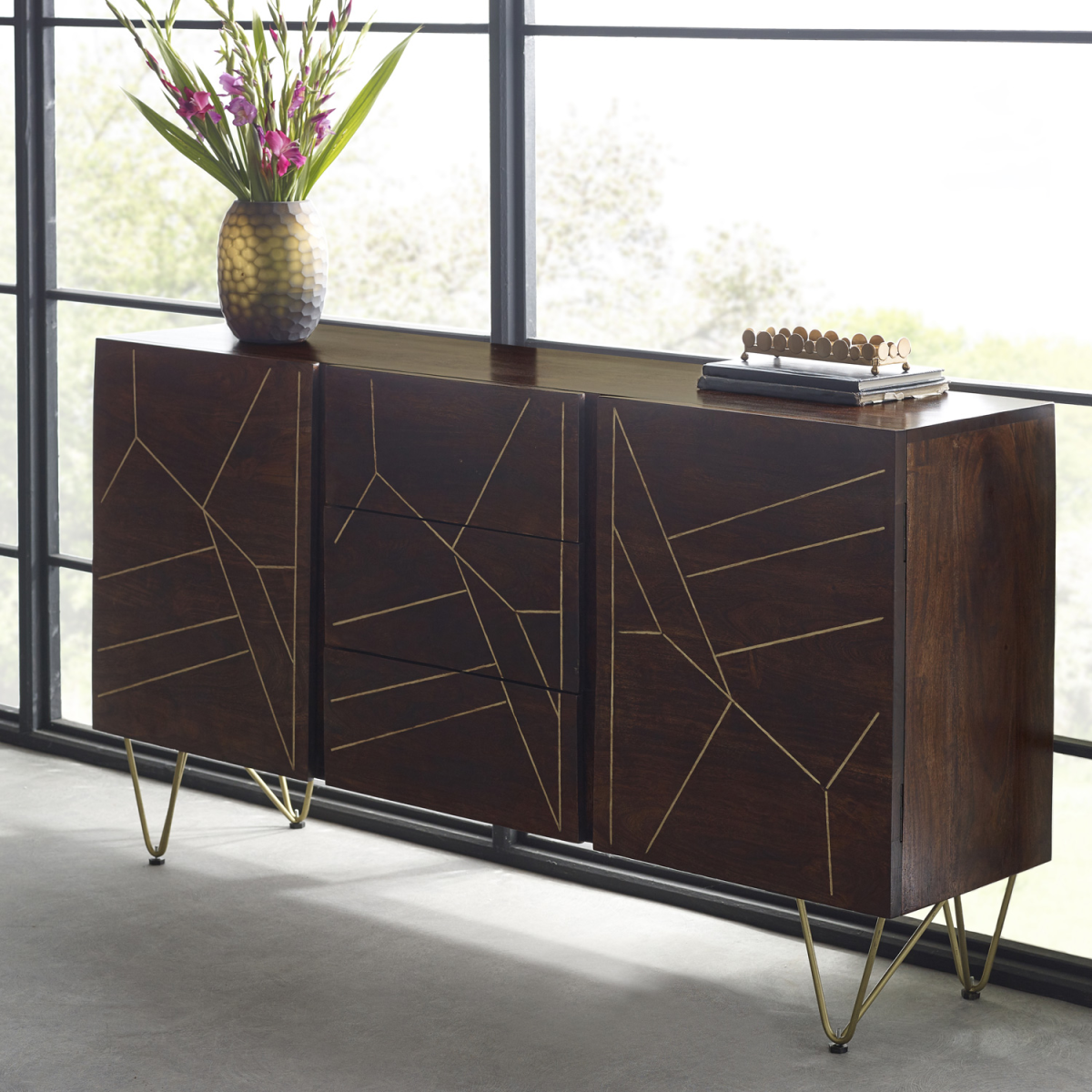 Extra Large Sideboard with Dark Gold Inlay, 3 Drawers & 2 Doors – Solid Wood Storage for Dining & Living Rooms