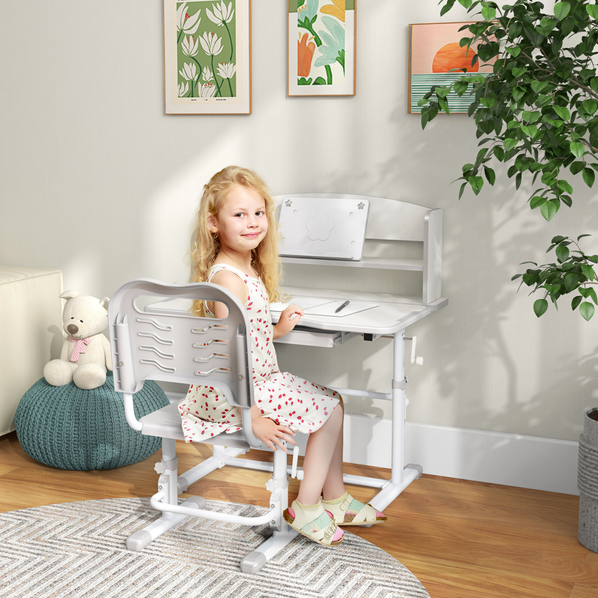 ZONEKIZ Height Adjustable Kids Desk and Chair Set with Drawer & Bookshelf – Tilting Study Desk, Grey