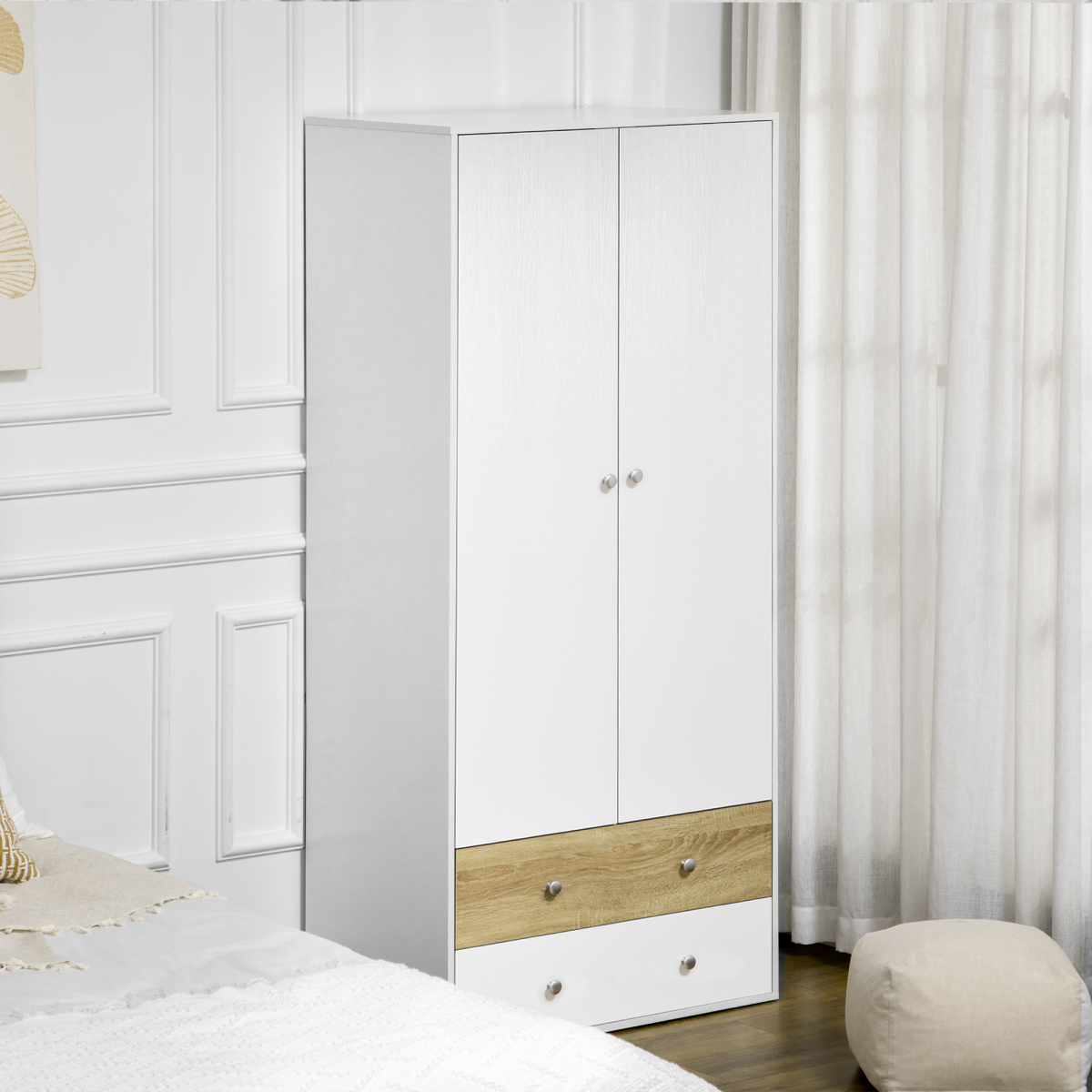 2-Door Wardrobe with Drawers & Hanging Rail – White Bedroom Clothes Storage
