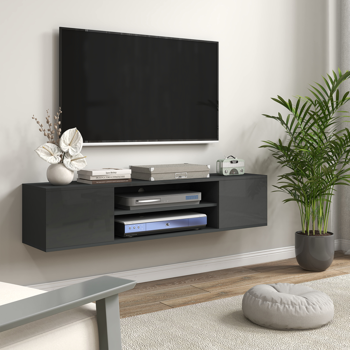 HOMCOM Wall-Mounted Floating TV Unit with Shelves & Cupboards for TVs up to 60", Grey High Gloss