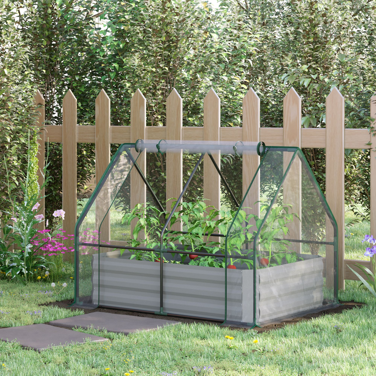 Outsunny Steel Raised Garden Bed with Greenhouse Cover – Dual-Use Planter Box with Roll-Up Window, Clear