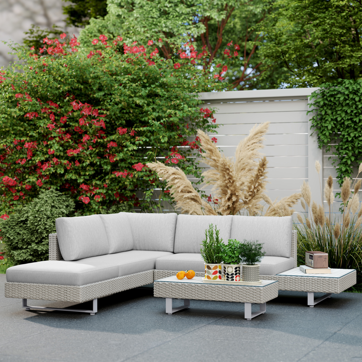 Outsunny 3-Piece Rattan Sofa Set with Tea Table, Side Table & Cushions – PE Wicker Lounge Furniture, Grey