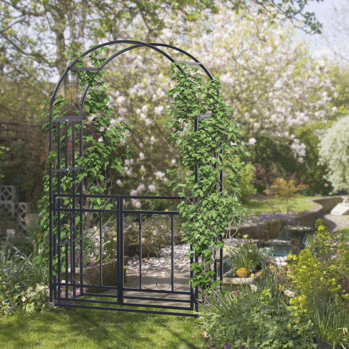 Outsunny Metal Garden Arch with Double Gate – Climbing Plant Arbour with Reinforced Frame, Dark Grey