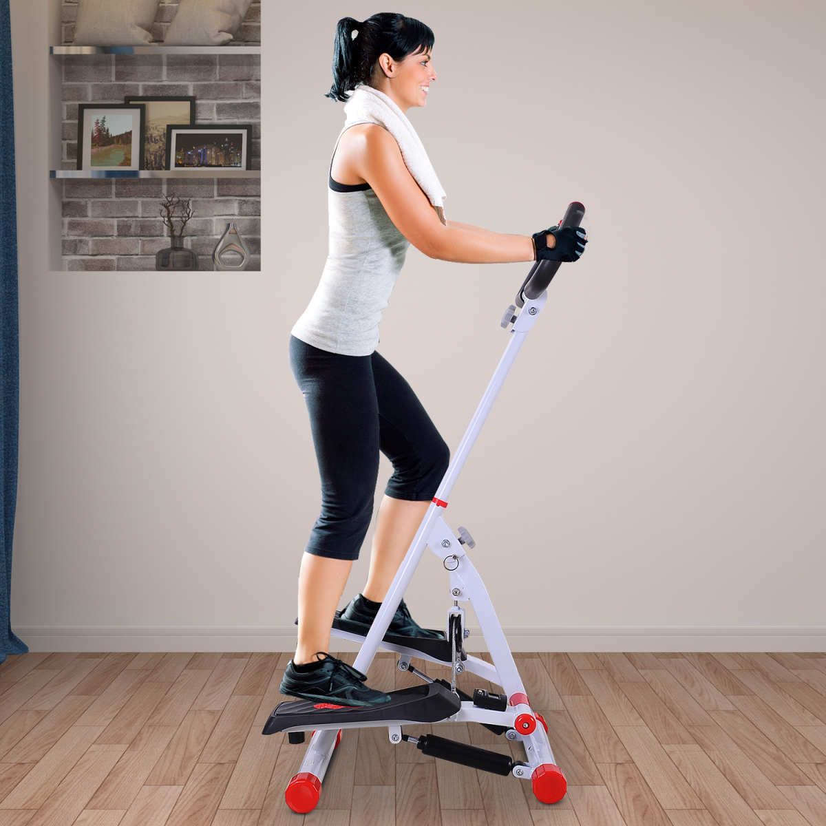 HOMCOM Foldable Mini Stepper Step Machine with Handlebar & LCD Display – Home Cardio Fitness, Red