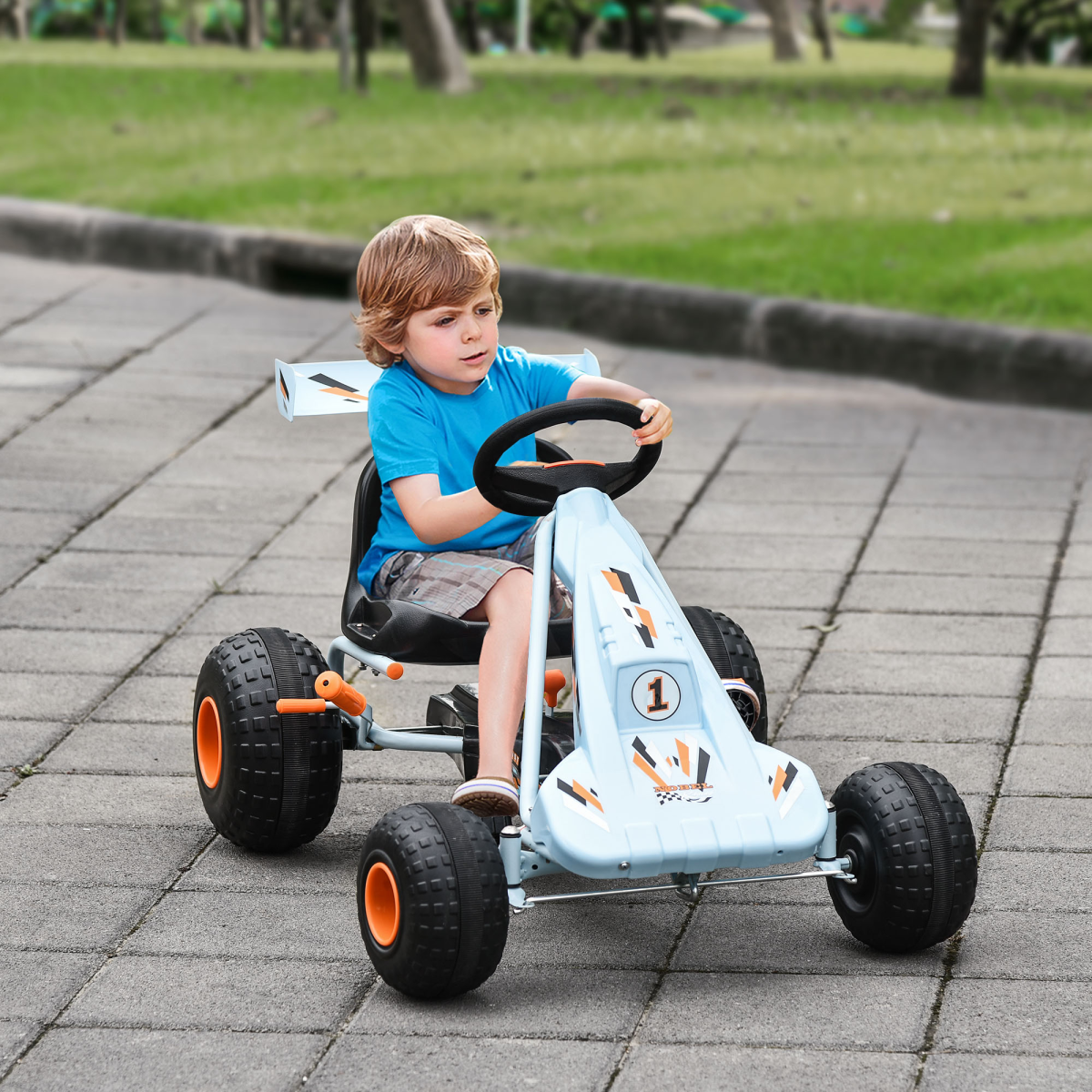 Kids Pedal Go Kart with Gear Shift, Hand Brake and Adjustable Seat – Ride-On Racer, Blue