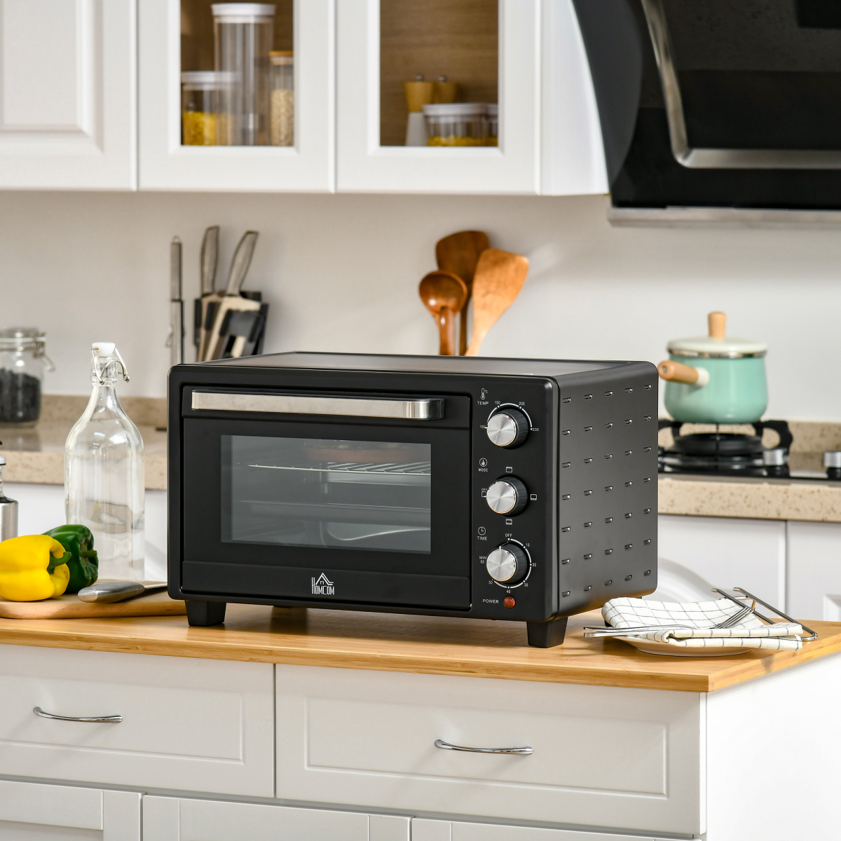 HOMCOM 21L Mini Oven & Grill with Timer, Baking Tray & Wire Rack, 1400W – Countertop Kitchen Oven