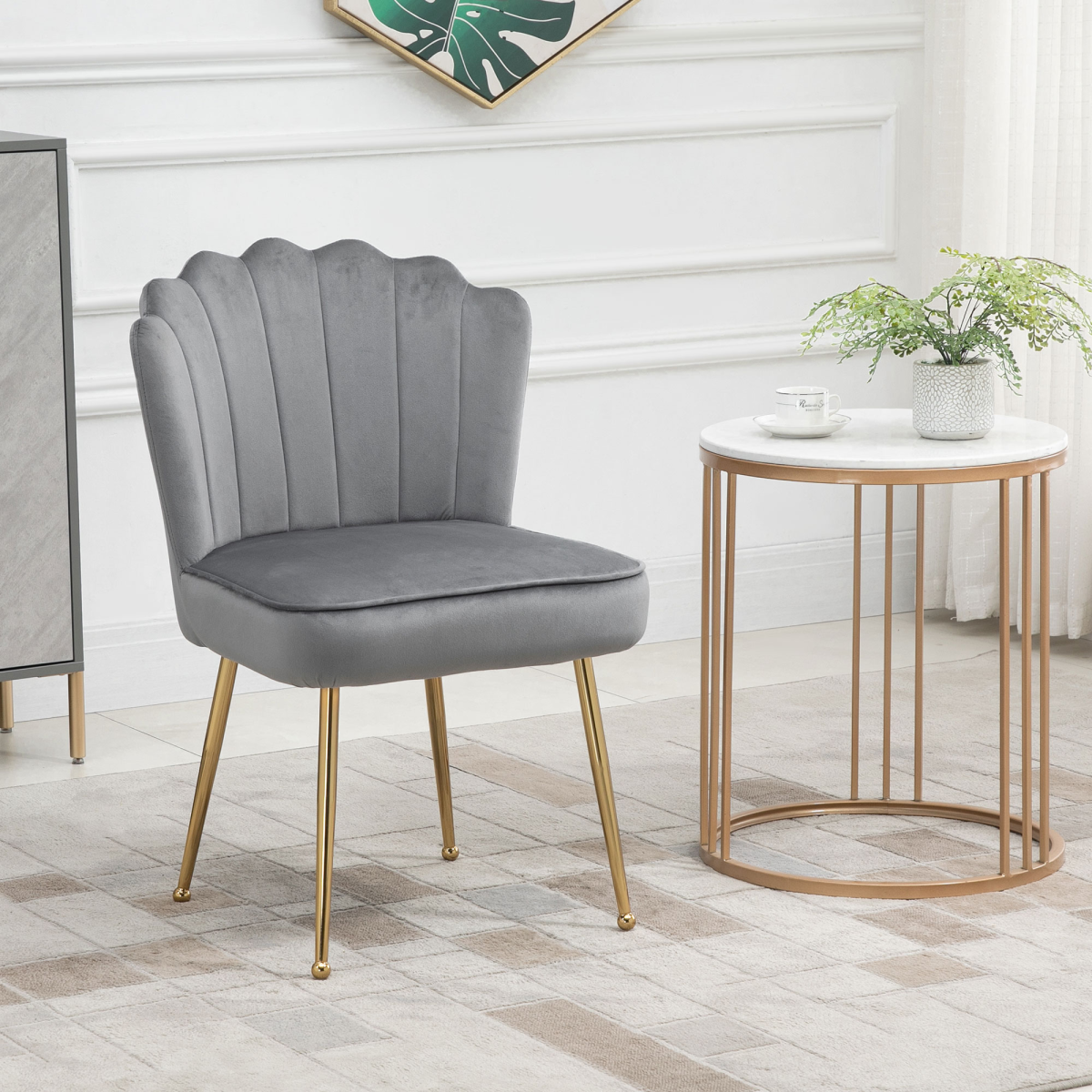 HOMCOM Velvet-Feel Shell Accent Chair with Metal Legs – Scalloped High Back Armchair, Grey