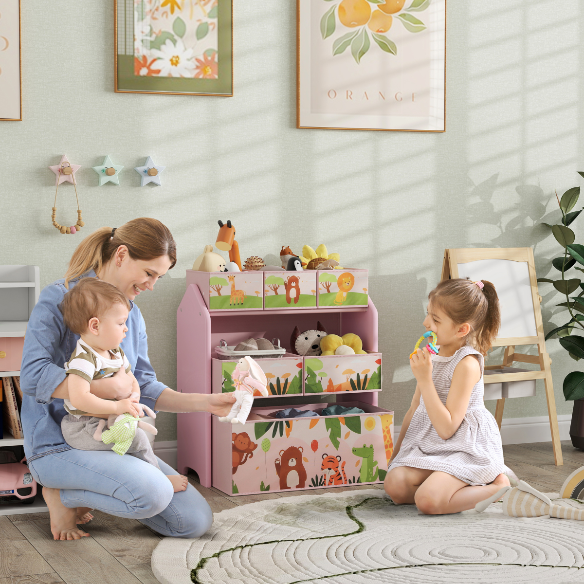 AIYAPLAY Kids Toy Storage Unit with 6 Fabric Boxes – Pink 3-Tier Playroom Organiser