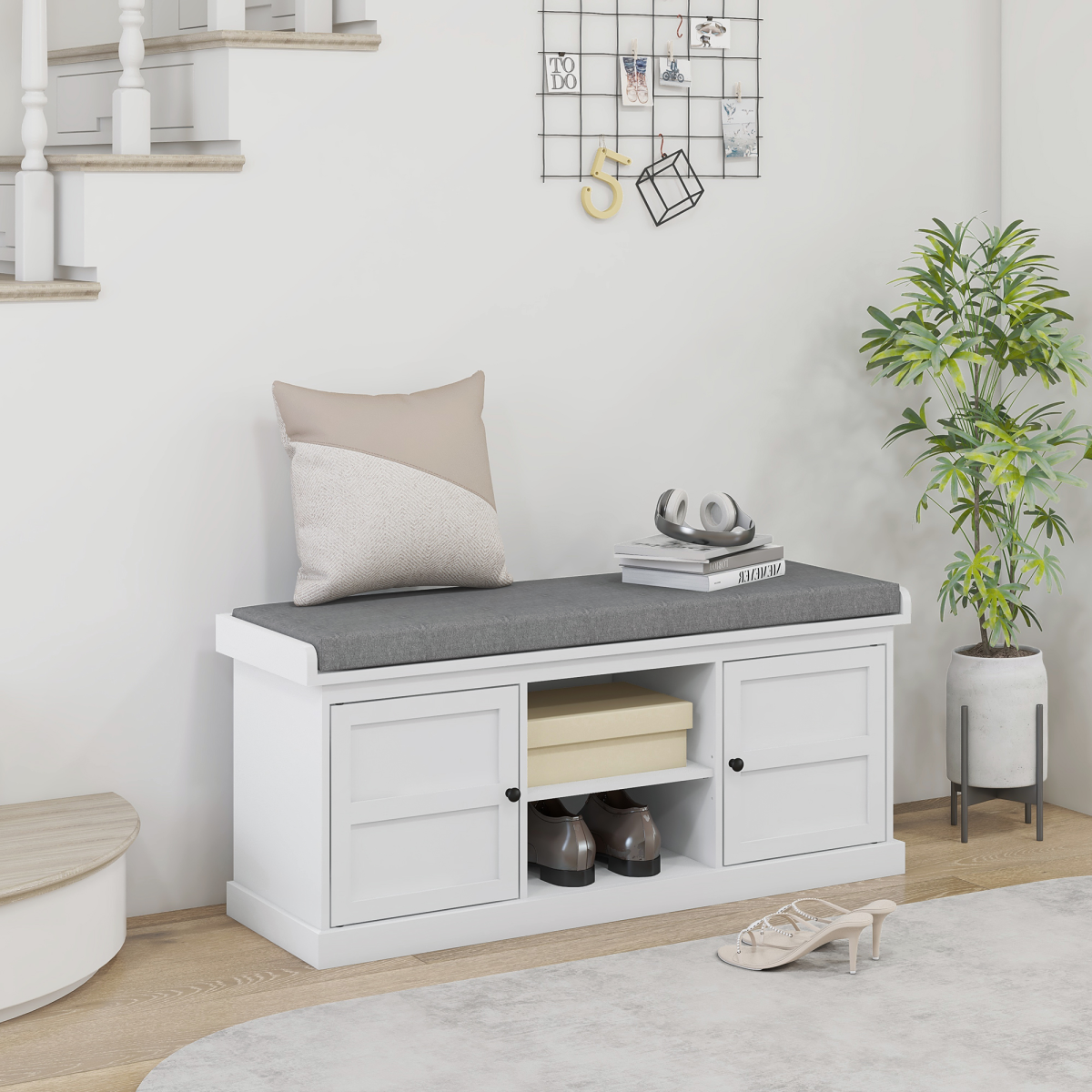 HOMCOM Shoe Storage Bench with Padded Cushion & 2 Cabinets – Hallway Seat, White