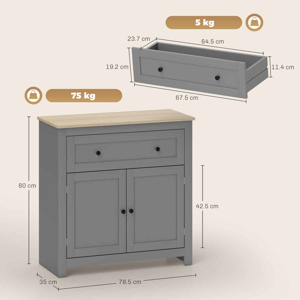 Kitchen Sideboard Storage Cabinet with Drawer & Adjustable Shelves – Freestanding Cupboard, Grey and Oak