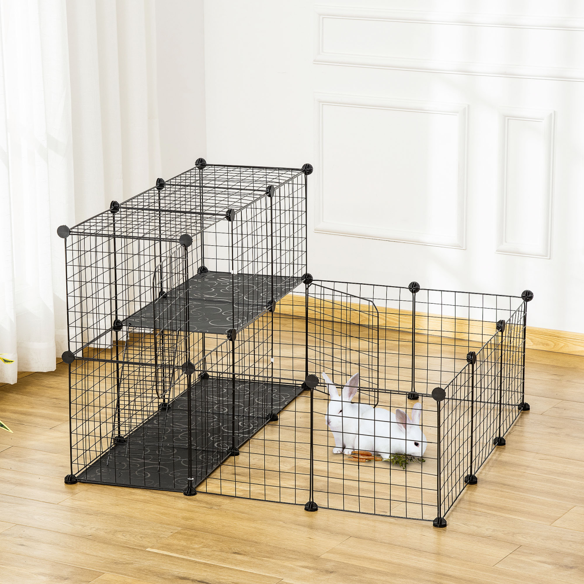 Pawhut DIY Small Animal Playpen with 24 Wire Panels & Ladder – Rabbit, Guinea Pig & Chinchilla Cage, Black