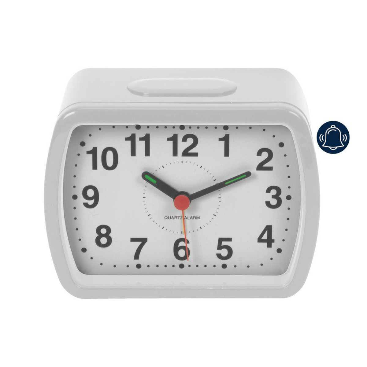 Widdop Quartz Bell Alarm Clock 5184W – Small Oblong Case, White and Green Dial