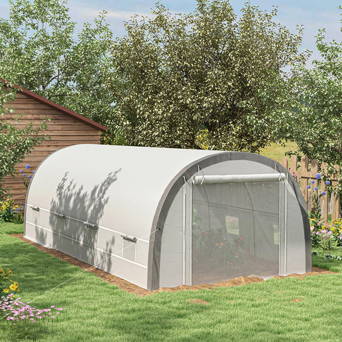 Outsunny 6 x 3m Polytunnel Greenhouse Kit with Mesh Door, Side Windows and 15 Plant Labels – Galvanised Steel, White