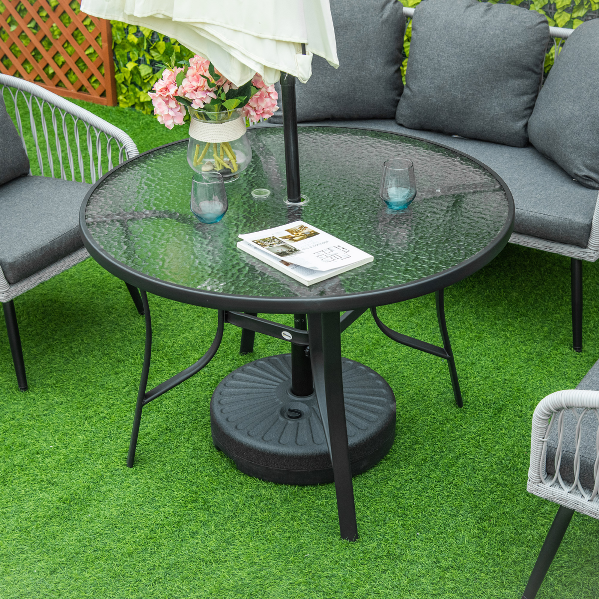 Outsunny 106cm Round Tempered Glass Garden Dining Table with Parasol Hole – Steel Frame Patio Furniture