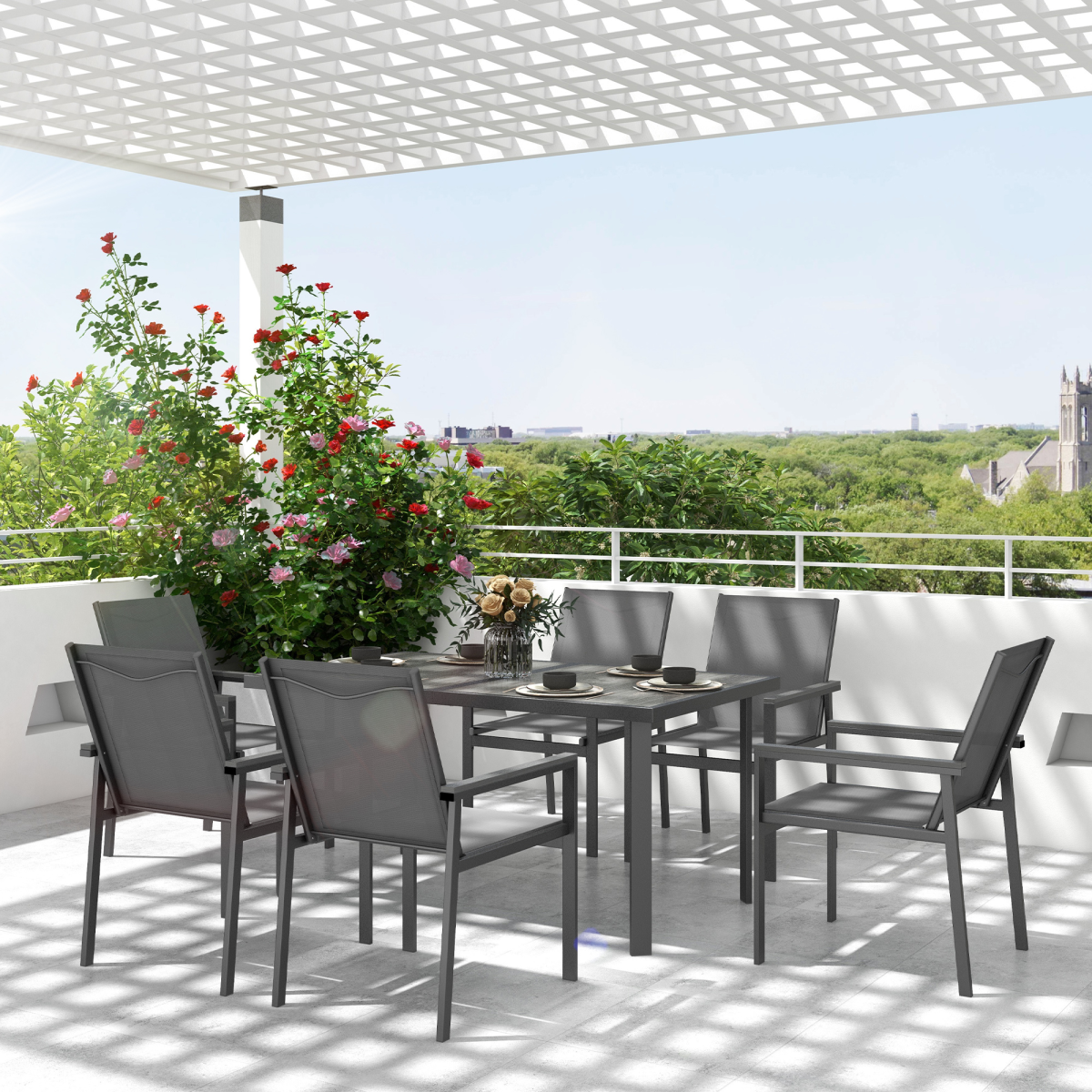 Outsunny 7-Piece Garden Dining Set with Tempered Glass Table and 6 Mesh Chairs – Patio Furniture, Grey