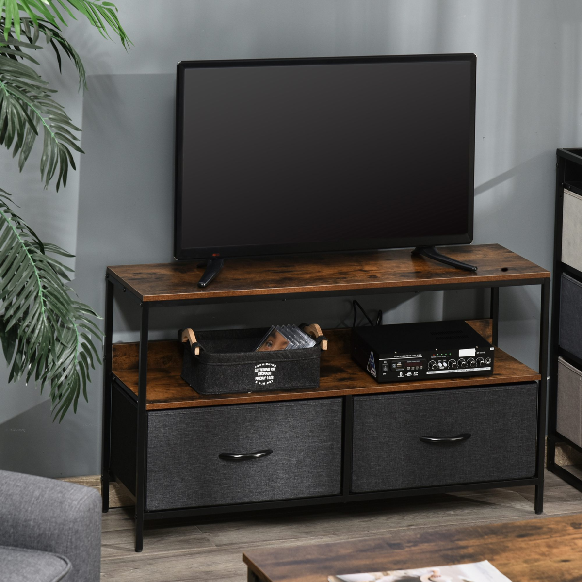 HOMCOM TV Cabinet with 2 Foldable Linen Drawers & Open Shelf – Living Room Media Storage, Rustic Brown