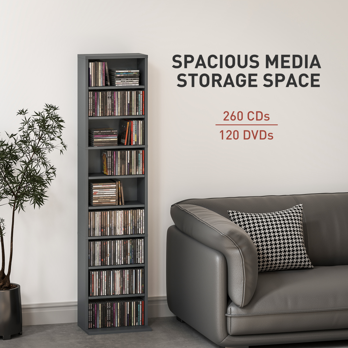 Tall Narrow Bookcase Storage Cabinet for 260 CDs / 120 DVDs – Slim Bookshelf with Anti-Tipping Straps, Grey