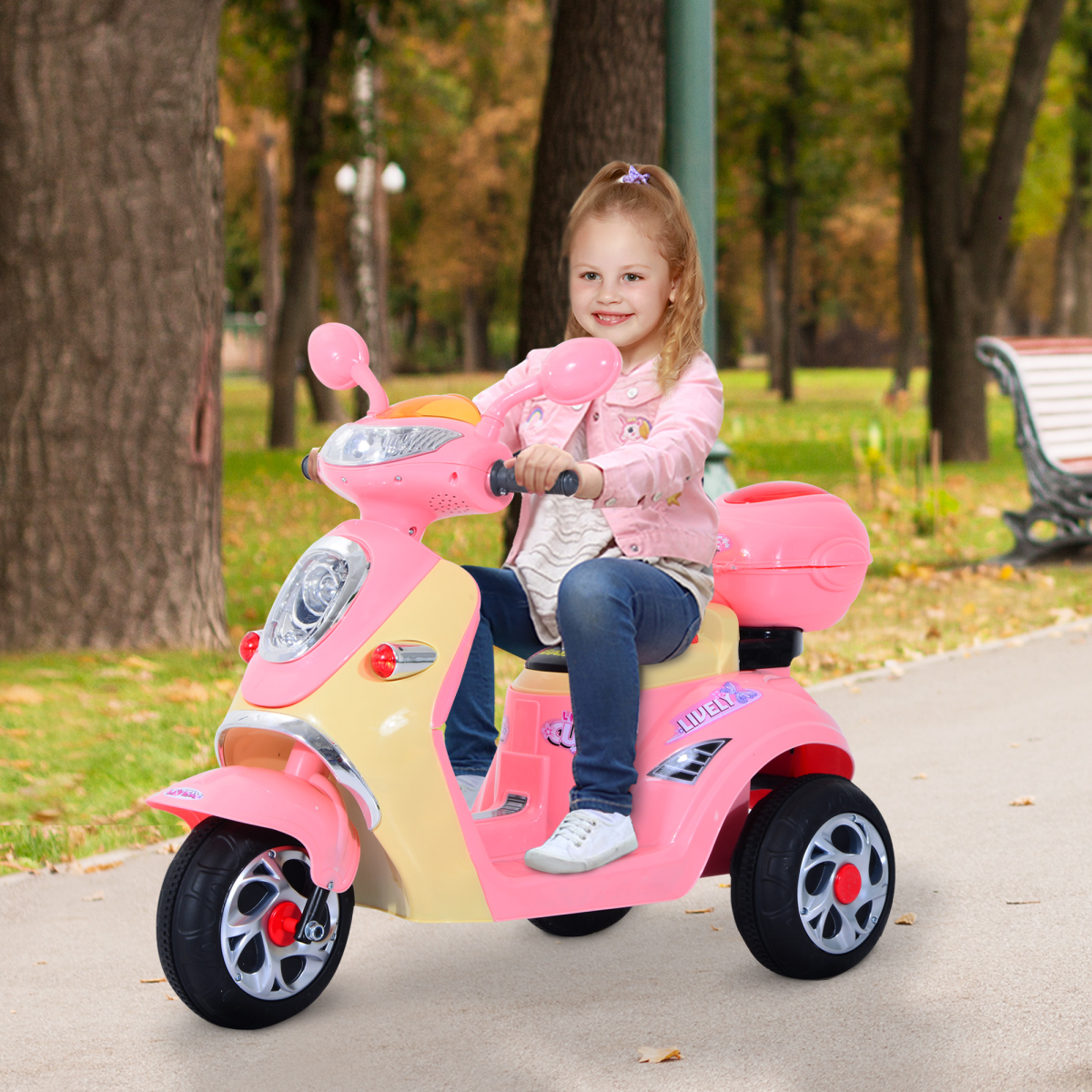 HOMCOM Electric Kids Ride-On Motorbike with Music, Headlight and Storage Box – 3-Wheel Trike, Pink