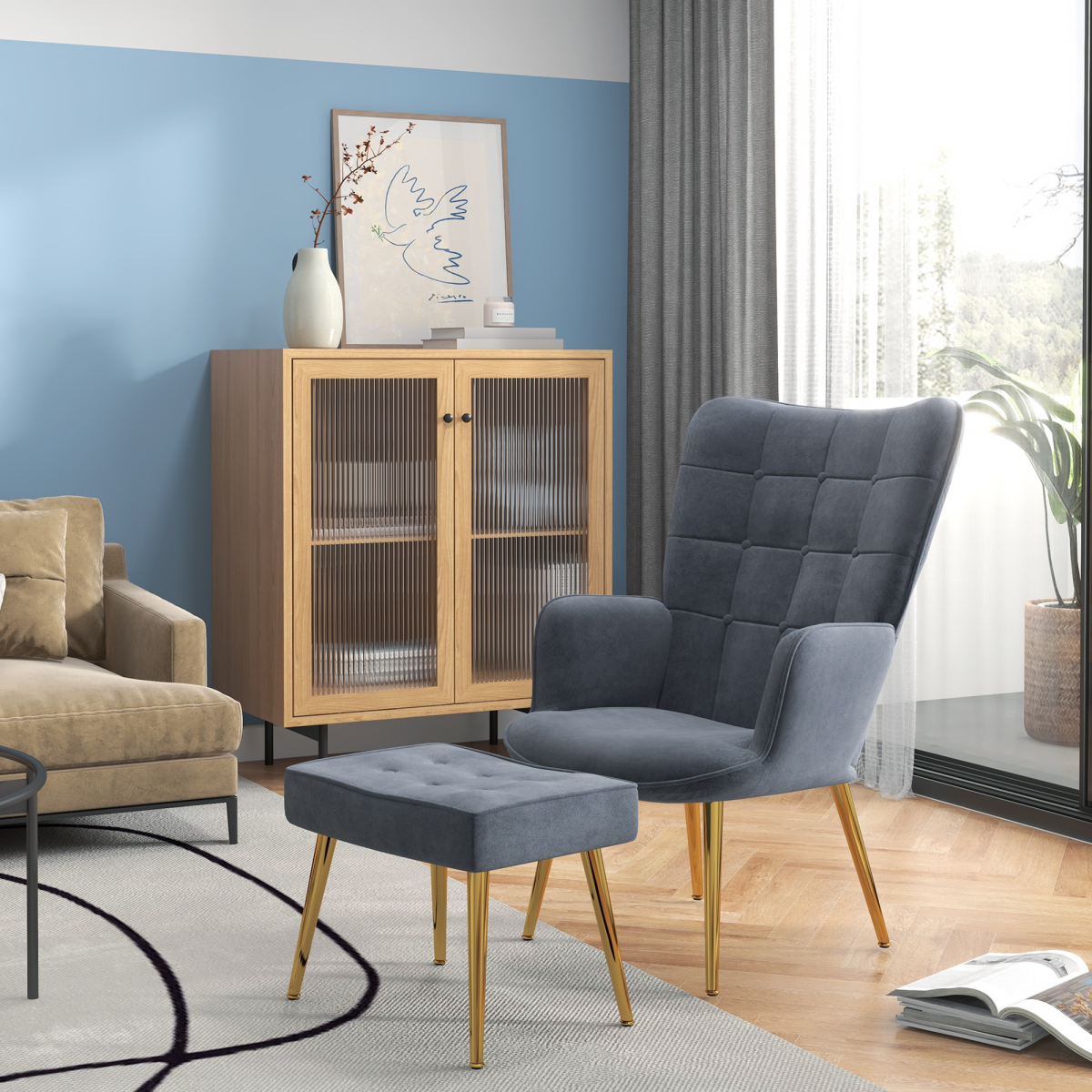 HOMCOM Button-Tufted Armchair & Footstool Set with Gold-Tone Steel Legs – Living Room Seating, Dark Grey