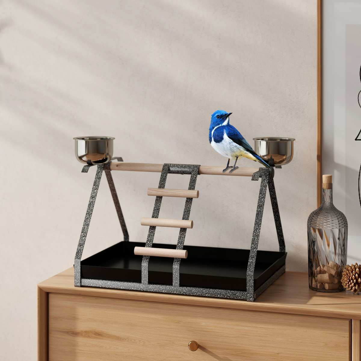 Pawhut Portable Bird Stand with Wooden Perch, Ladder & 2 Stainless Steel Bowls – Steel Base