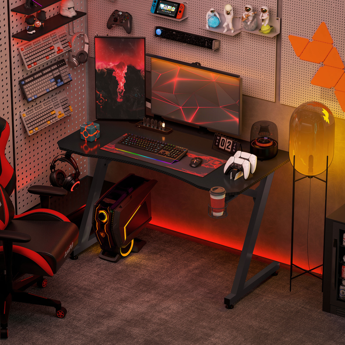 Steel Gaming Desk with Cup Holder & Headphone Hook – Large Desktop, Adjustable Feet, Black