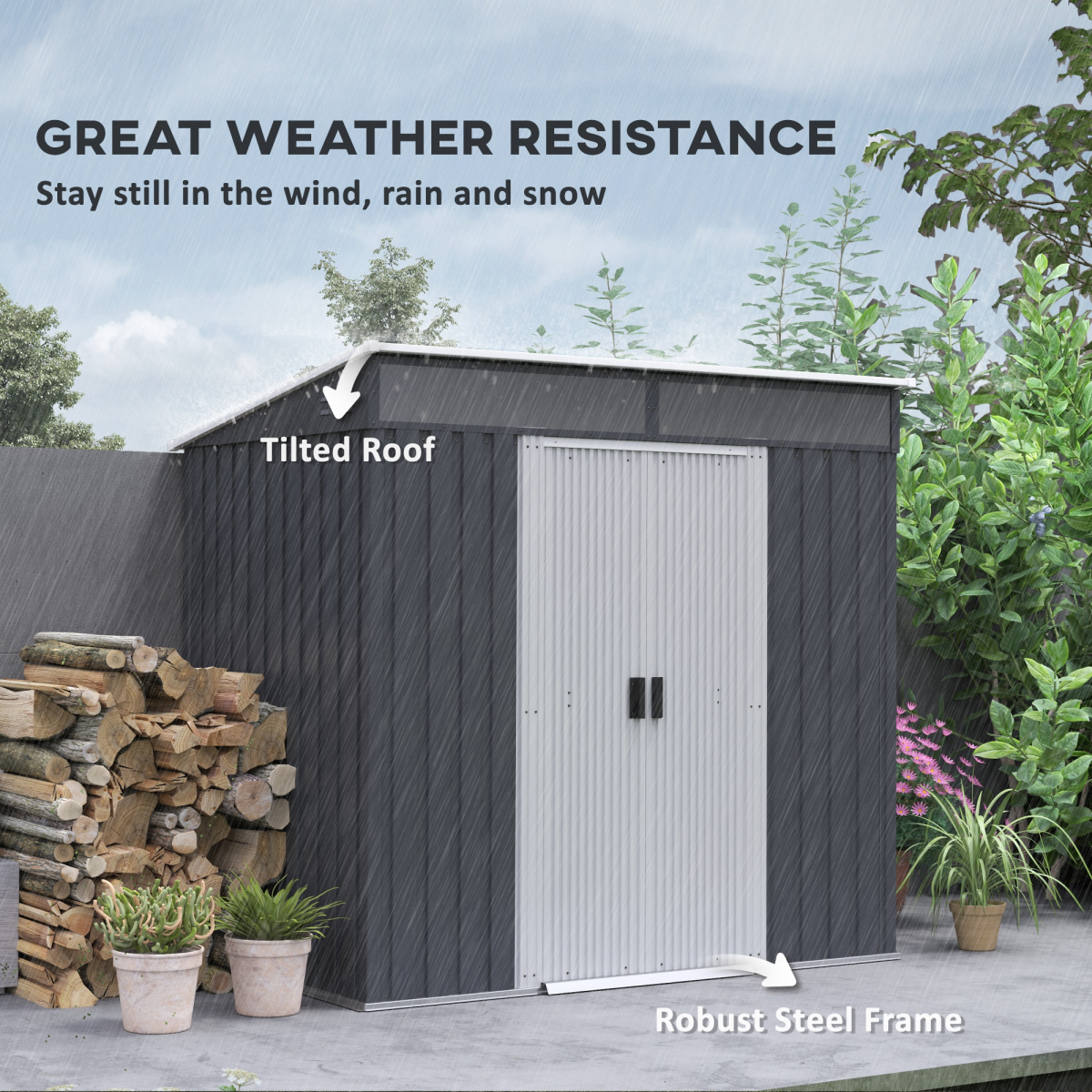 Metal Garden Shed with Lockable Sliding Doors, Windows & Foundation Kit – Bike & Tool Store, Charcoal Grey