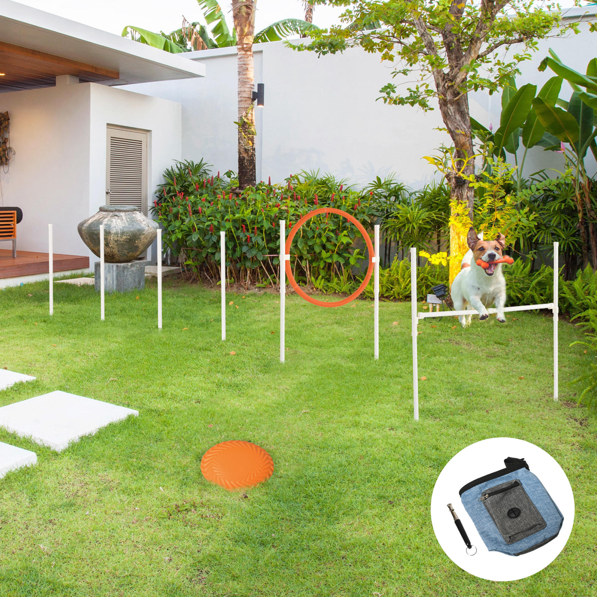 PawHut Five-Piece Dog Agility Training Set with Jump Hurdle, Jump Ring, Weave Poles & Storage Bag – Multicoloured