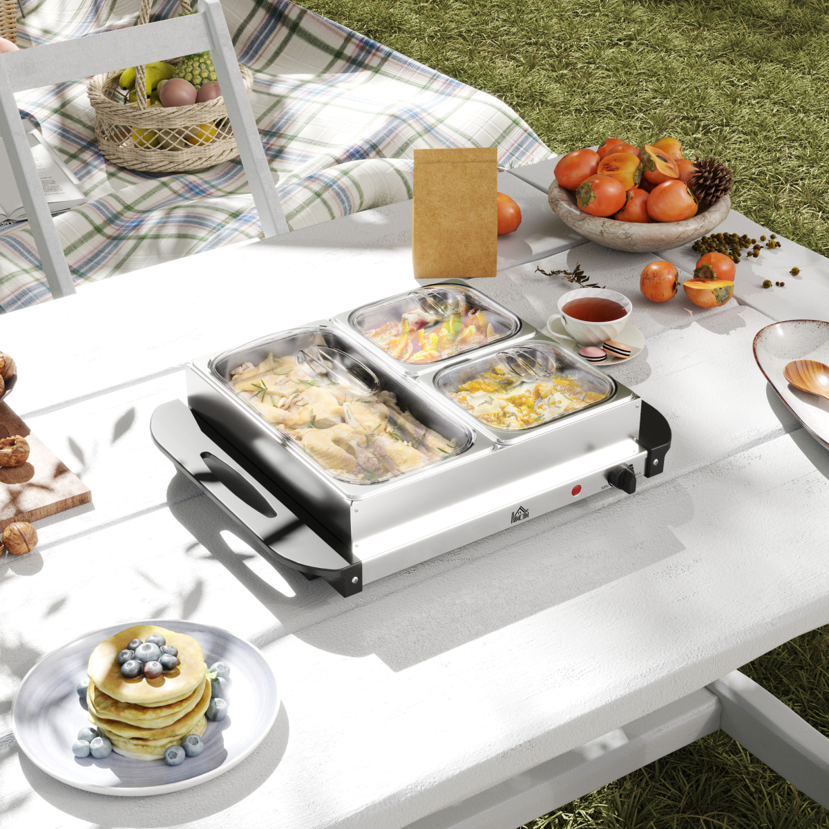 HOMCOM 6L Electric Food Warmer Buffet Server with 3 Lidded Trays & Warming Plate – Party Catering